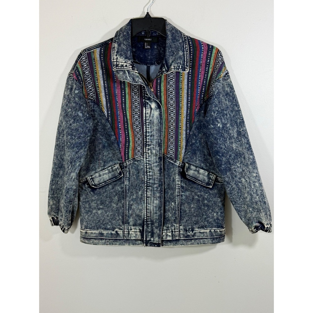 Forever 21 Denim Jacket Women's S Oversized Blue Acid Wash Southwestern Boho